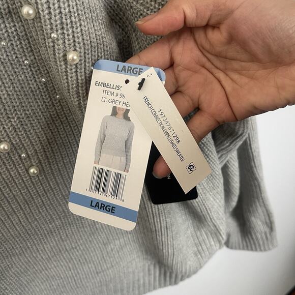 French Connection Women's Embellished Pearl Crewneck Pullover Sweater Gray Large - Picture 8 of 16